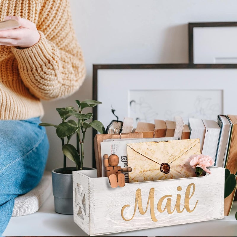 BOTOP Mail Holder Countertop - Mail Organizer Countertop, Mail Holder Box for Desk, Letter Holder, Mail Tray, Mail Basket for Counter, Rustic Wooden Mail Storage Organizer Wall Mounted - Image 2